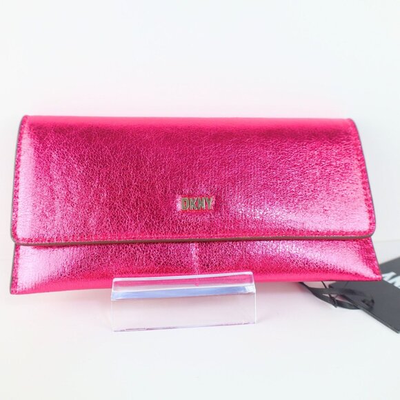 2 PC set -DKNY Lumen metallic faux-leather logo wallet + card case Pink - Picture 4 of 16
